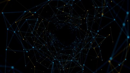 Wall Mural - network connected data tunnel animation on black background. connected blue and orange dots, 4k vide