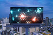 © VideoFlow - World planet Earth map hologram and social media icons on billboard over night panoramic city view of Bangkok, Southeast Asia. Networking and establishing new connections between people. Globe