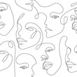 Vector seamless pattern. Continuous line art with woman faces. Linear background. Use for package, cosmetics, decor. Fashion concept, feminine beauty minimalist