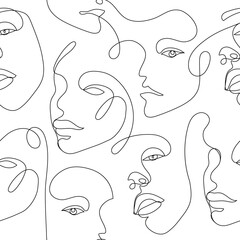 vector seamless pattern. continuous line art with woman faces. linear background. use for package, c