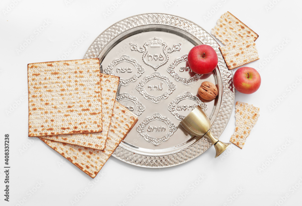 Composition with Passover Seder plate on white background