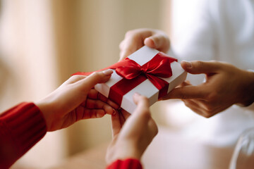 Wall Mural - Exchange of gifts.  Young couple in love offering gift to each other for valentine day or birthday. Romantic day. Winter holidays.