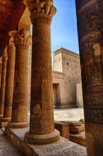 Vertical Shot Of Curved Columns In Philae Temple In Aswan, Egypt