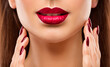 © inarik - Lips Nail Closeup, Woman Beauty Makeup, Red Lipstick and Face Skin Care