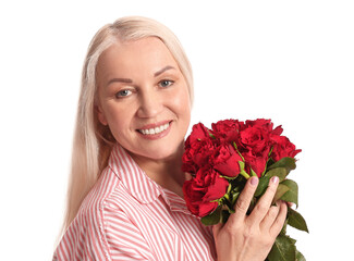 Poster - Mature woman with bouquet of beautiful flowers on white background