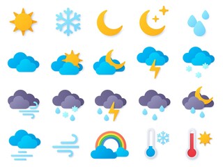 paper cut weather icons. symbols of rain, rainbow, sun, hot and cold temperature, winter snow and cl