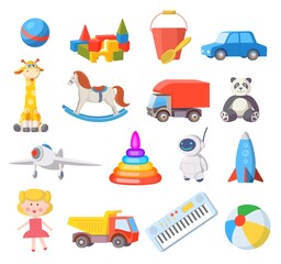 Wall Mural - Baby toys. Cartoon kids toy for boys and girls ball, car, doll, robot, rocket and airplane. Fun child belongings for baby shower vector set. Illustration bear and train, pyramid and robot