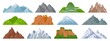 © Tartila - Cartoon mountains. Snowy mountain peak, hill, iceberg, rocky mount climbing cliff. Landscape and tourist hiking map elements vector set. Hill landscape, mountain peak outdoor to hiking illustration
