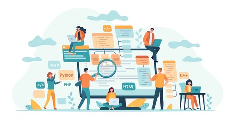 Wall Mural - program development team. web or software developers, programmer and coding engineer work in group. 