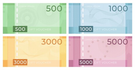 Voucher banknote with guilloche. Discount certificate in money design with watermark patterns. Gift coupon or currency vector set. Illustration certificate guilloche pattern, business coupon gift