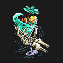 Summer Design Concept Beach Skull Hand Holding A Glass Filled With Sea Waves, Coconut Trees And A Surf Board