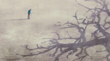 Old Man Alone With Shadow Of Tree, Conceptual Art, Surreal Artwork, Life Lonely Sadness And Solitude Concept, , Painting 3d Illustration