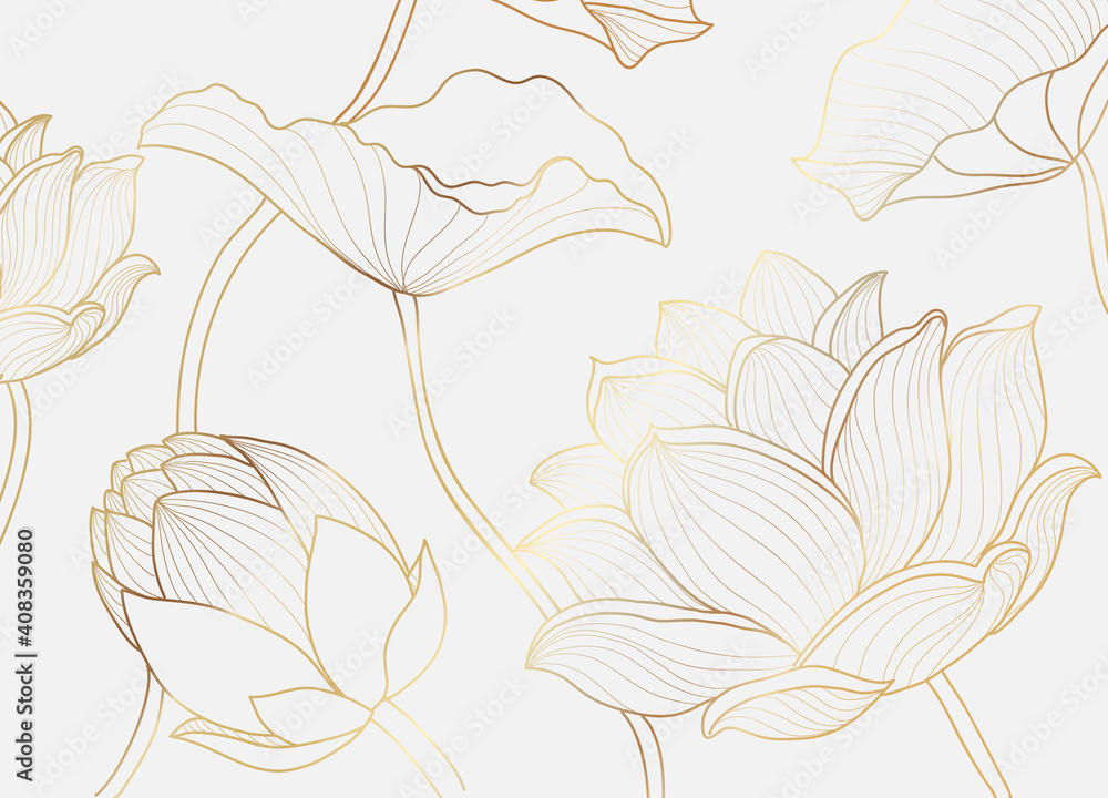Gold wallpaper luxury design with lotus flower and leaf. Nelumbo lotos golden line arts. Floral design for poster, cover, fabric prints. Vector illustration - obrazy, fototapety, plakaty 