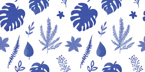 Wall Mural - seamless pattern with tropical leaves in blue color. Textured leaves with watercolor effects. Monstera pattern.