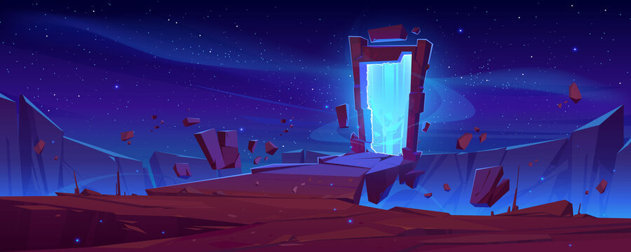 Magic portal on mountain cliff with flying rocks around, fantasy landscape background with glowing plasmic entrance under starry sky. Fantastic book or computer game scene, cartoon vector illustration