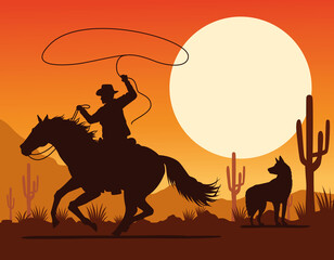 Poster - cowboy figure in horse lassoing and dog in desert landscape