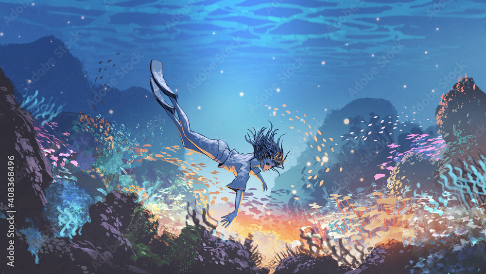 woman dive underwater to see a mysterious light under the sea, digital art style, illustration painting - obrazy, fototapety, plakaty 