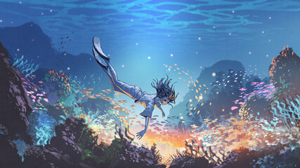 woman dive underwater to see a mysterious light under the sea, digital art style, illustration painting