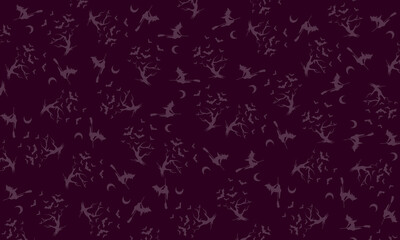 Wall Mural -  purple pattern with Halloween design of witches on flying brooms.