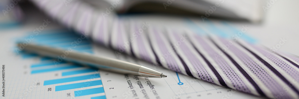 Close up of metal pen lying on documents on a desktop with notebook on the background. Reporting and accounting concept - obrazy, fototapety, plakaty 