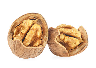 Wall Mural - Whole and cracked walnuts isolated on a white background. Organic delicious walnuts.