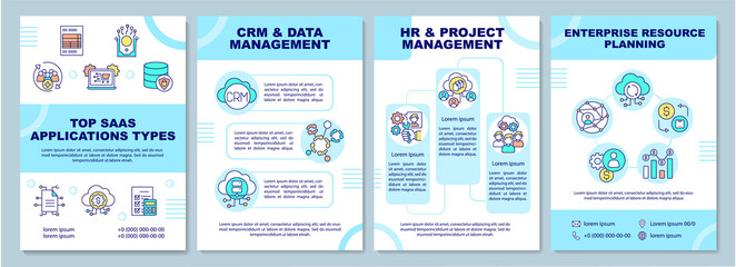 Top SaaS applications types brochure template. CRM and data management. Flyer, booklet, leaflet print, cover design with linear icons. Vector layouts for magazines, annual reports, advertising posters