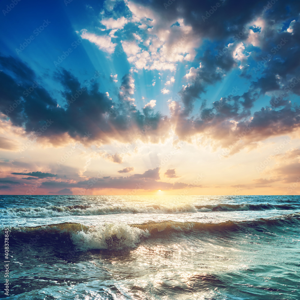 sea closeup and beautiful dramatic sunset in clouds - obrazy, fototapety, plakaty 