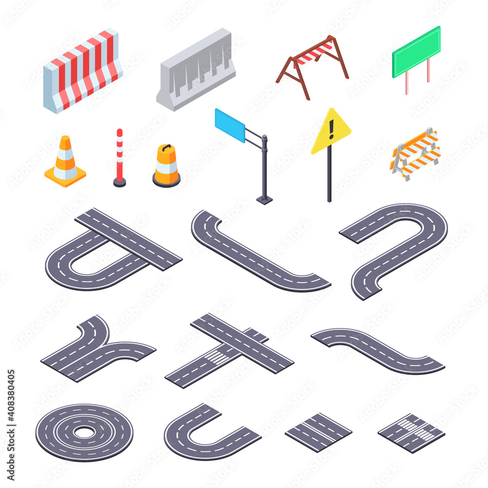 Road under construction isometric ket. Elements of street asphalt and ...