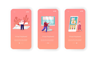 People Typing on Virtual Keyboard Mobile App Page Onboard Screen Template. Tiny Characters at Huge Monitor with Keyboard