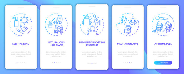 Wall Mural - home beauty treatments onboarding mobile app page screen with concepts. natural hair mask, smoothie,