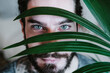 © Eva Blanco/Westend61 - Young man with blue eyes standing behind leaf at home