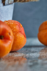 Delicious juicy ripe nectarines on marble background. Close up