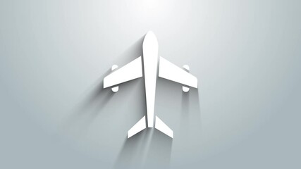 Canvas Print - White Plane icon isolated on grey background. Flying airplane. Airliner insurance. Security, safety, protection, protect concept. 4K Video motion graphic animation