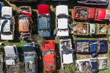 Aerial View Of Damaged Car Bodies At An Auto Wreckers