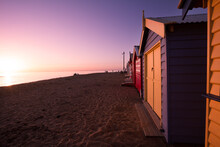 Sun Setting On Brighton Bathing Boxes At Dendy Beach