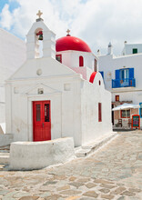 Greece, Cyclades Islands, Mykonos, Church With Bell Tower