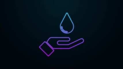 Poster - Glowing neon line Washing hands with soap icon isolated on black background. Washing hands with soap to prevent virus and bacteria. 4K Video motion graphic animation