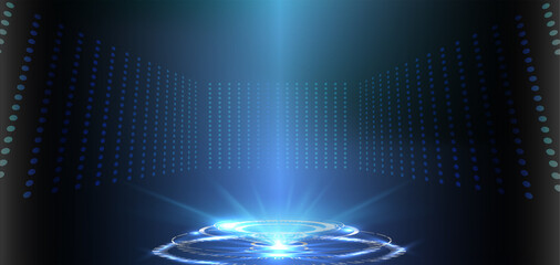 abstract style on blue background. blank display, stage or podium for show product in futuristic cyb