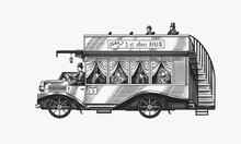 Vintage Bus With Tourists. Two-story Old Retro Transport. British Sightseeing Car. Monochrome Retro Style. Hand Drawn Engraved Sketch