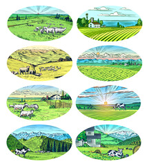 Leinwandbilder - Rural meadow set. A village landscape with cows, goats and lamb, hills and a farm. Sunny scenic country view. Hand drawn engraved sketch. Vintage rustic banner for wooden sign or badge or label.