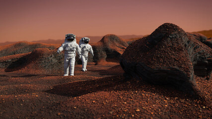 Wall Mural - astronauts on mars, travelers exploring the red planet's landscape