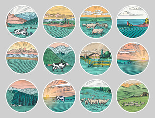 Leinwandbilder - Rural meadow stickers. A village landscape with cows, goats and lamb, hills and a farm. Sunny scenic country view. Hand drawn engraved sketch. Vintage rustic logo for wooden sign or badge or label.