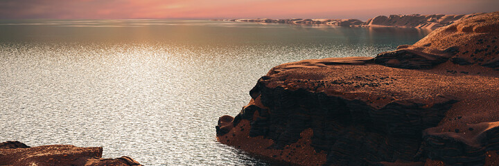 Wall Mural - liquid water in early martian landscape, jezero crater on ancient planet mars