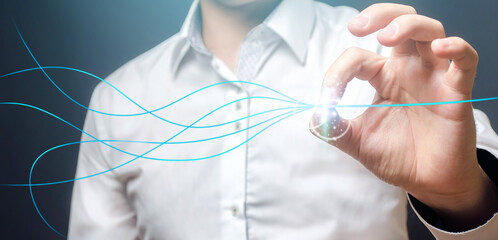 The man straightens the untied thread line. Simplification, problem solving. Settle things up. Optimization, improvement of business processes. Simplification planning. Best option. Remove deviations