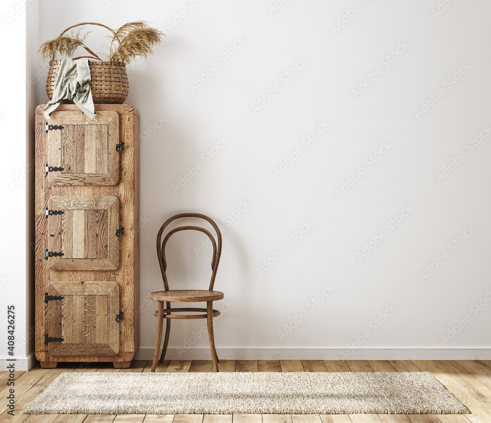 Home interior background, cozy room in farmhouse style, 3d render - obrazy, fototapety, plakaty 
