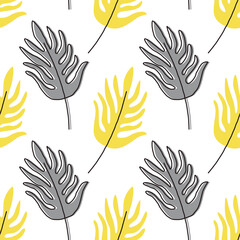  Palm leaves seamless pattern in white, yellow and gray colors of the year 2021. Simple trendy yellow and gray leaves pattern on white background. Minimalist style. Vector illustration