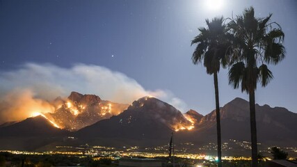 Wall Mural - Night Timelapse of Bighorn Fire, North of Tucson, Arizona. Burning Hills, Smoke and Moonlight on Clear Sky. Climate Change and Air Pollution Concept