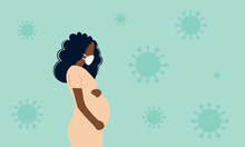 Young beautiful pregnant black woman wearing face mask with virus background