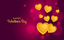 Purple Happy Valentine's Day Banner With Gold Heart Decoration. Romantic Holiday Background With A Bokeh Effect Is Perfect For Invitations, Greeting Cards, Or Website Banners.