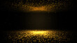 Abstract background shining golden floor ground particles stars dust. Futuristic glittering in space on black background.	
